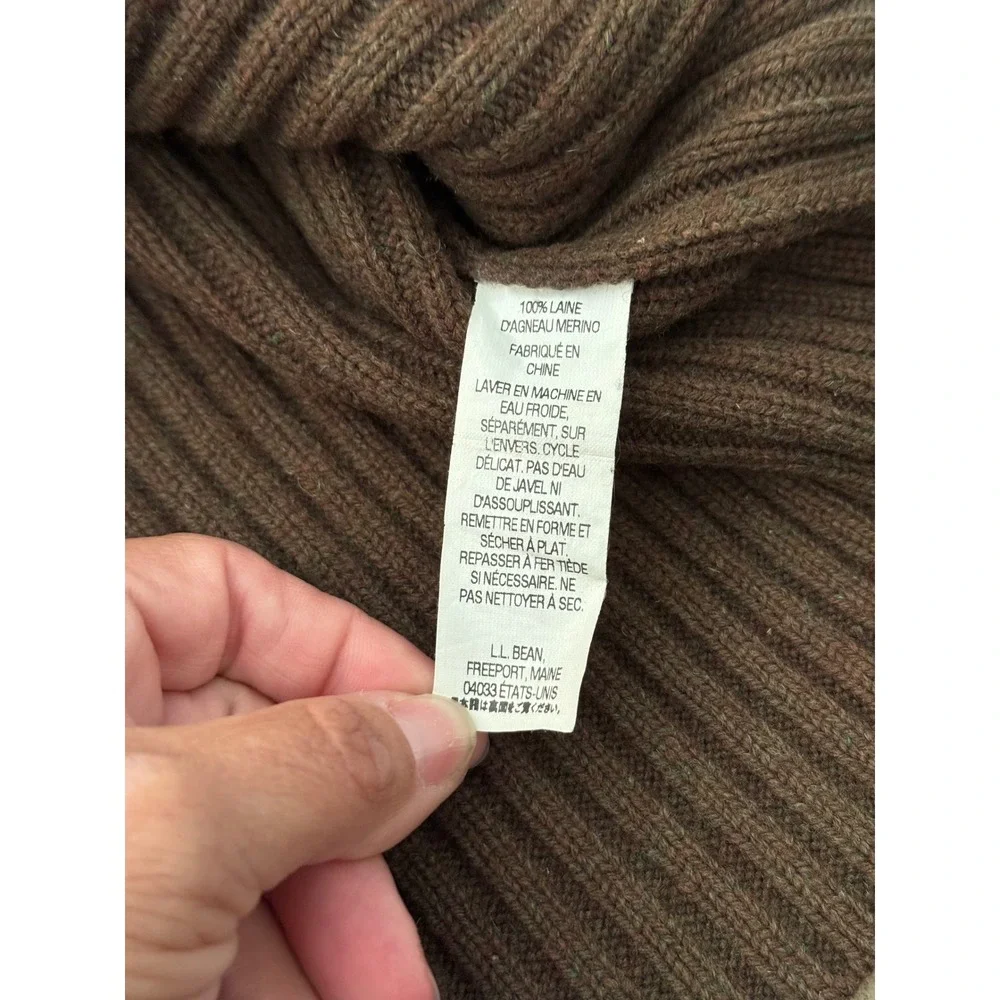 LL Bean Commando Sweater Mens L Tall Brown Merino Lambswool Ribbed Elbow Patch